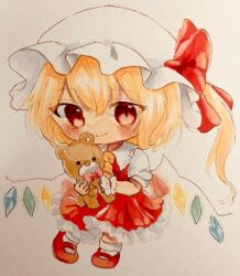 Rule 34 | 1girl, ascot, blonde hair, blush, breasts, chibi, closed mouth, collared shirt, flandre scarlet, frilled shirt collar, frilled skirt, frills, full body, hair between eyes, hat, holding, holding stuffed toy, looking at viewer, mary janes, medium hair, mob cap, multicolored wings, pigeon-toed, puffy short sleeves, puffy sleeves, red eyes, red footwear, red skirt, red vest, shirt, shoes, short sleeves, simple background, skirt, small breasts, socks, solo, stuffed animal, stuffed toy, teddy bear, touhou, traditional media, vest, white background, white hat, white shirt, white socks, wings, wreath mekko0, yellow ascot