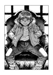 Rule 34 | 1boy, armchair, chair, child, coat, commentary request, evil eyes, evil grin, evil smile, greyscale, grin, highres, indoors, looking at viewer, male focus, monochrome, original, pants, shigeru (shounen zoom), shirt, short hair, sitting, smile, spread legs, teeth, white shirt, window, wrinkled fabric