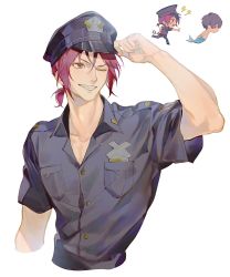Rule 34 | 2boys, adjusting clothes, adjusting headwear, black hair, black headwear, black shirt, chasing, chibi, collared shirt, cuffs, free!, grin, hair between eyes, handcuffs, hat, highres, low ponytail, male focus, matsuoka rin, mermaid, monster girl, multiple boys, nanase haruka (free!), one eye closed, orange eyes, outstretched hand, police, police hat, police uniform, policeman, red hair, sei ( mo1008), sharp teeth, shirt, short hair, short sleeves, smile, teeth, uniform, upper body, white background
