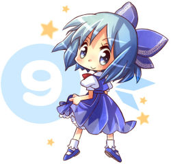 Rule 34 | 1girl, :&gt;, bad id, bad pixiv id, blue eyes, blue hair, blush, bow, chibi, cirno, dress, hair bow, hiyopuko, holding, holding clothes, holding skirt, looking back, lowres, mary janes, matching hair/eyes, shoes, short hair, skirt, skirt hold, smile, solo, touhou, wings