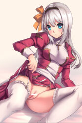 Rule 34 | 1girl, aruma jiki, blush, bow, brown hairband, censored, cleft of venus, closed mouth, clothes lift, commentary request, cross, dress, feet out of frame, frilled thighhighs, frills, frown, garter straps, grey hair, hair between eyes, hair bow, hairband, high priest (ragnarok online), juliet sleeves, long bangs, long hair, long sleeves, looking at viewer, no panties, orange bow, pelvic curtain, pelvic curtain lift, puffy long sleeves, puffy sleeves, pussy, ragnarok online, red dress, sash, sitting, skirt, skirt lift, solo, spread legs, thighhighs, two-tone dress, white dress, white sash, white thighhighs