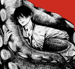 Rule 34 | 1boy, black hair, chainsaw man, ear piercing, greyscale with colored background, hair over eyes, highres, jacket, looking at viewer, monochrome, multiple piercings, octopus devil (chainsaw man), piercing, red background, riki (riki unc), shaded face, short hair, simple background, solo focus, spot color, tentacles, white jacket, yoshida hirofumi