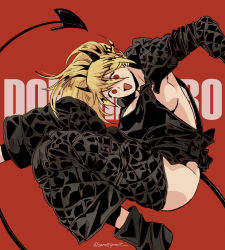 Rule 34 | 1girl, black footwear, black horns, black tail, blonde hair, breasts, carrotsprout, character name, demon tail, dorohedoro, foot out of frame, highres, horns, knees up, large breasts, long hair, looking at viewer, nikaidou (dorohedoro), open mouth, ponytail, red background, red eyes, smile, solo, tail, twitter username