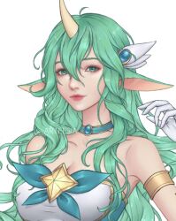 Rule 34 | 1girl, animal ears, artelsia, artist name, bare shoulders, breasts, cleavage, elbow gloves, gloves, green eyes, green hair, highres, horns, large breasts, league of legends, long hair, looking at viewer, magical girl, pointy ears, simple background, single horn, solo, soraka (league of legends), star guardian (league of legends), star guardian soraka, white background, white gloves