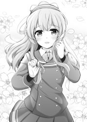 Rule 34 | 1girl, bow, bowtie, flower, greyscale, hair ornament, hairband, jacket, kantai collection, long hair, long sleeves, looking at viewer, monochrome, petals, pleated skirt, ponytail, rui shi (rayze ray), school uniform, skirt, smile, solo, wavy hair, yamagumo (kancolle)