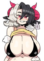 Rule 34 | 1girl, animal ears, belly, bikini, black bikini, black hair, blush, breasts, clothes lift, cow ears, cow horns, grey hair, hair ornament, horns, huge breasts, looking at viewer, midriff, multicolored hair, navel, notnoe (dxcl), open mouth, red eyes, red horns, shirt, shirt lift, short hair, smile, solo, split-color hair, stomach, sweat, swimsuit, touhou, two-tone hair, ushizaki urumi, wily beast and weakest creature