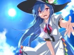 Rule 34 | 1girl, black hat, blouse, blue hair, blue skirt, blue sky, bow, bowtie, buttons, cloud, day, dress shirt, food, frills, fruit, hat, hemogurobin a1c, hinanawi tenshi, long hair, looking at viewer, open mouth, outstretched arm, peach, puffy short sleeves, puffy sleeves, rainbow order, red eyes, shirt, short sleeves, skirt, sky, solo, sun, teeth, touhou, white shirt