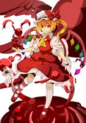 Rule 34 | 1girl, absurdres, ascot, bad id, bad pixiv id, belt, blonde hair, collared shirt, female focus, flandre scarlet, gloves, hat, highres, mob cap, pateo, red eyes, red skirt, shirt, single glove, skirt, smile, socks, solo, touhou, wings