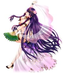 Rule 34 | 1girl, ass, blunt bangs, bracelet, breasts, butt crack, diao chan (tokimeki general girls x), floating hair, flower, from side, full body, game cg, hair flower, hair ornament, hair ribbon, hand fan, high heels, holding, holding fan, jewelry, large breasts, long hair, nipples, official art, open mouth, peacock feathers, pink flower, pumps, purple eyes, purple hair, red ribbon, ribbon, sash, solo, standing, standing on one leg, thighlet, tokimeki general girls x, transparent background, very long hair