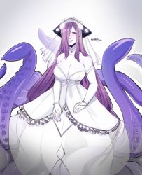 Rule 34 | 1girl, 2017, absurdres, artist name, bad id, bad tumblr id, bare shoulders, blush, bracelet, breasts, bridal gauntlets, bridal veil, bride, cleavage, dress, elbow gloves, gloves, hair over one eye, highres, jewelry, kraken (monster girl encyclopedia), large breasts, long hair, monster girl, monster girl encyclopedia, nail polish, necklace, pale skin, pearl bracelet, pearl necklace, purple eyes, purple hair, purple nails, ring, scylla, simple background, smile, solo, sucaciic, suction cups, tentacles, veil, very long hair, wedding band, wedding dress, white dress, white gloves