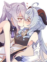 Rule 34 | 2girls, @ @, ahoge, bare arms, bare shoulders, black bodysuit, blue hair, blush, bodysuit, breasts, cone hair bun, detached sleeves, eye contact, ganyu (genshin impact), genshin impact, hair bun, heart, highres, horns, keqing (genshin impact), kiss, long hair, looking at another, medium breasts, multiple girls, purple eyes, purple hair, reclining, simple background, sweat, twintails, upper body, white background, wu qin (gyxx 04), yuri