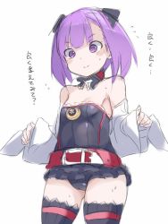 Rule 34 | 1girl, bare shoulders, black thighhighs, breasts, closed mouth, detached collar, fate/grand order, fate (series), helena blavatsky (fate), karukan (monjya), looking at viewer, purple eyes, purple hair, short hair, simple background, small breasts, smile, solo, strapless, sweat, thighhighs, white background