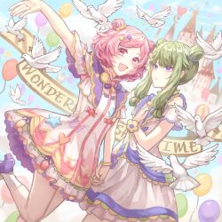 2girls :d balloon bird blue_sky bow castle cloud day double_bun dove dress frills green_hair hair_bun hair_ornament hairclip hand_on_own_chest heart holding_hands kusanagi_nene long_hair looking_at_viewer mikita_z multiple_girls ootori_emu open_mouth outdoors pink_eyes pink_hair project_sekai purple_eyes short_hair short_sleeves sidelocks sky smile socks swept_bangs white_dress