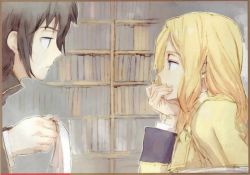 Rule 34 | 1boy, 1girl, black hair, blonde hair, blue eyes, book, code geass, covering own mouth, hand over mouth, hand over own mouth, highres, lelouch vi britannia, milly ashford, paper, scan, school uniform, staring, toi8