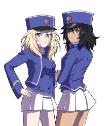Rule 34 | 2girls, andou (girls und panzer), bc freedom (emblem), bc freedom military uniform, black eyes, black hair, blonde hair, blue eyes, blue headwear, blue jacket, blue vest, closed mouth, commentary, cowboy shot, crossed arms, dark-skinned female, dark skin, dress shirt, emblem, frown, girls und panzer, hachiko (kota091986), hand on own hip, hat, high collar, highres, jacket, kepi, long sleeves, looking at viewer, looking back, medium hair, messy hair, military, military hat, military uniform, miniskirt, multiple girls, oshida (girls und panzer), pleated skirt, shirt, simple background, skirt, standing, uniform, vest, white background, white shirt, white skirt