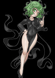 Rule 34 | 1girl, :&lt;, bare legs, black background, flat chest, full body, green eyes, green hair, hand on own hip, looking at viewer, mersoleil03, messy hair, no panties, one-punch man, pelvic curtain, skin tight, solo, standing, tatsumaki