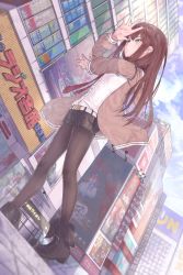 Rule 34 | 1girl, bad id, bad pixiv id, black footwear, black pantyhose, blouse, blurry, boots, brown hair, closed mouth, day, depth of field, from below, high heel boots, high heels, highres, long hair, long sleeves, looking away, makise kurisu, md5 mismatch, meta, necktie, outdoors, pantyhose, purple eyes, red necktie, resolution mismatch, roki (0214278), shirt, solo, standing, steins;gate, white shirt