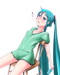 Rule 34 | 1girl, aqua eyes, aqua hair, breasts, covered erect nipples, food, hatsune miku, long hair, oonishi shunsuke, popsicle, simple background, sitting, small breasts, solo, sweat, twintails, very long hair, vocaloid, white background
