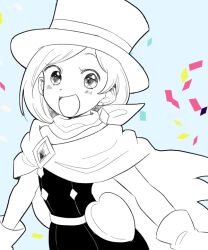 Rule 34 | 1girl, :d, ace attorney, blush, cape, confetti, dress, earrings, gloves, hat, jewelry, looking at viewer, magician, mai8484, open mouth, scarf, short hair, simple background, smile, solo, top hat, trucy wright