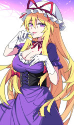 Rule 34 | 1girl, blonde hair, breasts, cleavage, dress, e.o., frilled sleeves, frills, gloves, hair between eyes, hat, hat ribbon, highres, large breasts, long hair, mob cap, open mouth, puffy short sleeves, puffy sleeves, purple dress, purple eyes, red ribbon, ribbon, short sleeves, smile, solo, touhou, upper body, white gloves, white hat, yakumo yukari