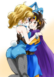 Rule 34 | 2girls, animal ears, blonde hair, blue eyes, breasts, brown eyes, brown hair, cape, circlet, detached collar, dragon quest, dragon quest iii, eye contact, fake animal ears, fishnet pantyhose, fishnets, grin, headband, hug, jester (dq3), large breasts, leotard, long hair, looking at another, multiple girls, pantyhose, playboy bunny, rabbit ears, rabbit tail, roto (dq3), short hair, smile, tail, tunic, unya, wrist cuffs, yuri