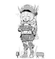 Rule 34 | 1girl, anti-personnel mine, anti-personnel weapon, backpack, bag, boots, closed eyes, ddari, dress, explosive, full body, genshin impact, gloves, greyscale, hair between eyes, hat, highres, klee (genshin impact), long sleeves, m18 claymore mine, mine (weapon), monochrome, open mouth, simple background, solo, standing, white background