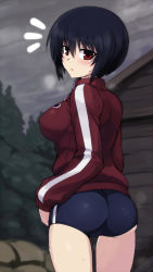 Rule 34 | 10s, 1girl, ass, black hair, blush, brave witches, breasts, buruma, jacket, large breasts, looking at viewer, non-web source, null (nyanpyoun), open mouth, shimohara sadako, short hair, solo, strike witches, sweat, track jacket, world witches series