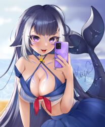 Rule 34 | 1girl, animal ears, bikini, bikini under clothes, black hair, blue bikini, blue collar, body markings, breasts, cetacean tail, cleavage, collar, commentary, english commentary, facial mark, facial tattoo, fins, fish tail, highres, indie virtual youtuber, koyonee, large breasts, long hair, looking at viewer, multicolored hair, orca girl, purple eyes, shylily, shylily (1st costume), smile, streaked hair, swimsuit, tail, tattoo, virtual youtuber, white hair
