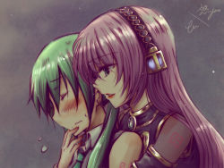 Rule 34 | 2girls, aqua eyes, aqua hair, armband, bad id, bad pixiv id, bare shoulders, blue gemstone, blush, brooch, closed eyes, collared shirt, couple, embarrassed, female focus, gem, hand on another&#039;s chin, hand on own chin, hatsune miku, headphones, hug, hug from behind, jewelry, lips, lipstick, long hair, looking at another, makeup, megurine luka, multiple girls, neck, necktie, parted lips, pink hair, red lips, see-through, shirt, shy, sleeveless, sleeveless shirt, smile, sweat, sweatdrop, tattoo, turtleneck, twintails, upper body, vocaloid, y@n, yuri