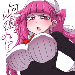 Rule 34 | 1girl, bleach, blush, breasts, dokugamine riruka, hanya (hanya yashiki), hat, large breasts, long hair, looking at viewer, open mouth, pink eyes, pink hair, shiny skin, simple background, solo, translation request, tsundere, twintails, upper body, white background