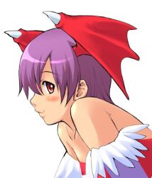 Rule 34 | 1girl, blush, capcom, demon girl, head wings, lilith aensland, portrait, purple hair, red eyes, simple background, solo, source request, takurou, takurou (mix fry), vampire (game), white background, wings
