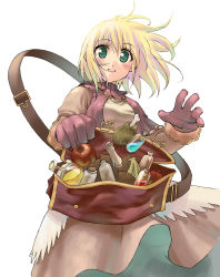 Rule 34 | 1girl, apple, bag, blonde hair, blush, brown dress, dress, floating hair, food, from below, fruit, gloves, green eyes, highres, looking at viewer, looking down, merchant, merchant (ragnarok online), messy hair, morii shizuki, parted lips, ragnarok online, red gloves, short hair, simple background, smile, solo, test tube, white background, wind
