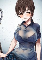 Rule 34 | 1girl, blush, bra, bra visible through clothes, bralines, breasts, brown eyes, brown hair, collarbone, commentary request, idolmaster, idolmaster cinderella girls, lacrosse stick, large breasts, long hair, looking at viewer, morino shoutarou, nitta minami, parted lips, rain, see-through, shirt, short sleeves, smile, solo, underwear, wet, wet clothes, wet hair, wet shirt
