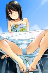 Rule 34 | 1girl, arms at sides, bare shoulders, barefoot, black eyes, black hair, blue sky, blush, day, dress, feet, floral print, from below, frown, highres, knees apart feet together, looking at viewer, matsunaga kouyou, original, panties, revision, short hair, sky, solo, spread legs, strapless, strapless dress, sunlight, toenails, toes, underwear, upskirt, white panties