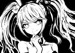 Rule 34 | 1girl, bare shoulders, bear hair ornament, bow, bowtie, danganronpa: trigger happy havoc, danganronpa (series), detached collar, enoshima junko, greyscale, hair ornament, hand on own chin, hand up, kyua moto, leotard, monochrome, official alternate costume, playboy bunny, smile, solo, twintails