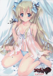 Rule 34 | 1girl, absurdres, babydoll, barefoot, blonde hair, blue eyes, blue ribbon, blush, bow, carnelian, hair bow, highres, lingerie, liz hohenstein, long hair, looking at viewer, muv-luv, muv-luv alternative, official art, panties, ribbon, scan, scan artifacts, schwarzesmarken, sitting, striped clothes, striped panties, two side up, underwear
