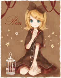 Rule 34 | 1girl, aqua eyes, birdcage, blonde hair, cage, character name, dress, hairband, hand on own chest, kagamine rin, mikanniro, sitting, smile, solo, vocaloid, wariza