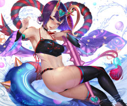 Rule 34 | 1girl, blush, chinese clothes, club, club (weapon), dated, dudou, fangs, fate/grand order, fate (series), fundoshi, gtunver, hair ornament, highres, horns, innertube, japanese clothes, looking at viewer, navel, partially submerged, purple hair, shawl, short hair, shuten douji (fate), shuten douji (fate/grand order), shuten douji (halloween caster) (fate), skin-covered horns, smile, solo, spiked club, stomach, swim ring, thighhighs, toned, tongue, tongue out, water, weapon, wet