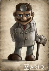 Rule 34 | 1boy, beard, blue eyes, brown hair, cane, character name, doctor, dr. mario, dr. mario (game), facial hair, gloves, head mirror, house m.d., james chung, lab coat, looking at viewer, male focus, mario, mario (series), necktie, nintendo, stethoscope, white gloves