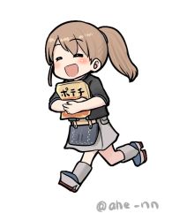 Rule 34 | 1girl, :d, ahenn, black shirt, brown hair, chibi, chips (food), closed eyes, food, full body, grey skirt, intrepid (kancolle), kantai collection, light brown hair, one side up, open mouth, ponytail, potato chips, running, shirt, short hair, simple background, skirt, smile, solo, twitter username, white background