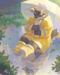 Rule 34 | 1boy, absurdres, animal ears, boots, brown fur, chest tuft, closed eyes, commentary request, dog boy, dog ears, dog tail, full body, furry, furry male, highres, holding, holding umbrella, male focus, moritaka (housamo), open mouth, outdoors, plant, plump, puddle, rain, rubber boots, raincoat, reflection, rubber boots, scar, scar on face, scar on nose, seamonsterping, short hair, sitting, smile, solo, tail, thick eyebrows, tokyo houkago summoners, transparent, transparent umbrella, two-tone fur, umbrella