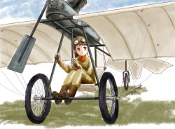 Rule 34 | 1girl, aircraft, airplane, blush, boots, brown eyes, brown footwear, brown gloves, brown jacket, brown pants, chutohampa, gloves, goggles, goggles on head, jacket, original, pants, sitting, smile, solo, wheel, wide shot