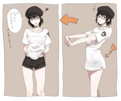 Rule 34 | 1girl, black hair, brown eyes, cabbie hat, choker, clothes lift, collarbone, earrings, glasses, hat, highres, jewelry, long shirt, multiple views, ogros, original, shirt, shirt lift, short hair, short shorts, shorts, simple background, t-shirt, translated