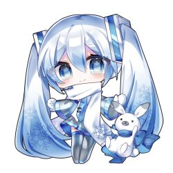Rule 34 | 1girl, amane momo, animal, blue bow, blue eyes, blue hair, blue scarf, bow, chibi, closed mouth, commentary, earmuffs, full body, grey skirt, grey sleeves, grey thighhighs, hair ornament, hatsune miku, headset, light blue hair, light blush, looking at viewer, mittens, outstretched arms, pleated skirt, rabbit, rabbit yukine, scarf, shirt, simple background, skirt, smile, snowflake print, solo, standing, thighhighs, twintails, vocaloid, white background, white mittens, white scarf, white shirt, yuki miku, yuki miku (2011)