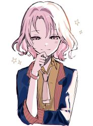 Rule 34 | 1girl, akiyama yuuki, anemonelove, bracelet, closed mouth, collared shirt, commentary request, cropped torso, highres, jacket, jewelry, lapels, looking at viewer, necktie, open clothes, open collar, open jacket, orange shirt, pink bracelet, pink eyes, pink hair, pink necktie, project sekai, shirt, short hair, simple background, sleeves past elbows, smile, solo, white background