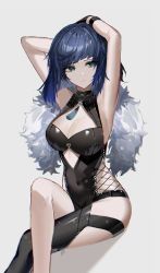 Rule 34 | 1girl, absurdres, alternate costume, armpits, arms up, black dress, blue eyes, blue hair, blunt bangs, bob cut, breasts, cleavage, cleavage cutout, clothing cutout, covered navel, crossed legs, dress, genshin impact, glance, grey background, hand on own head, highres, large breasts, raiya atelier, simple background, sleeveless, sleeveless dress, solo, yelan (genshin impact)