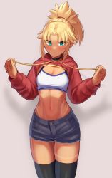 Rule 34 | 1girl, absurdres, black choker, black thighhighs, blonde hair, blush, breasts, choker, cleavage, closed mouth, commentary request, cowboy shot, cropped hoodie, cutoffs, denim, denim shorts, drawstring, drawstring pull, drop shadow, fate/apocrypha, fate (series), female focus, green eyes, grey background, groin, hair ornament, hair scrunchie, highres, hood, hood down, hoodie, long sleeves, looking at viewer, midriff, mordred (fate), mordred (memories at trifas) (fate), navel, parted bangs, ponytail, red hoodie, red scrunchie, scrunchie, shadow, shorts, shrug (clothing), simple background, skindentation, small breasts, solo, sports bra, tan, tanline, thighhighs, toin (iitoin), white sports bra