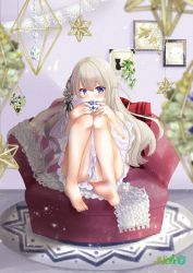 Rule 34 | 1girl, absurdres, armchair, artist name, azur lane, bare legs, barefoot, blue eyes, blush, chair, closed mouth, cup, hair ribbon, heterochromia, highres, holding, holding cup, huge filesize, legs, long hair, looking at viewer, murmansk (azur lane), murmansk (sceneries of pure snow) (azur lane), nako nya, nightgown, official alternate costume, pillow, platinum blonde hair, purple eyes, ribbon, sitting, soles, solo, teacup, white nightgown