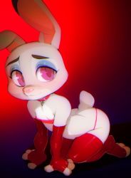 Rule 34 | 1girl, all fours, animal ears, breasts, doxy, female focus, furry, furry female, gloves, judy hopps, purple eyes, pussy, rabbit ears, rabbit tail, red background, small breasts, socks, solo, tail, zootopia