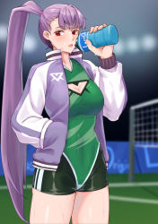 Rule 34 | 1girl, blurry, bottle, breasts, cleavage, cleavage cutout, clothing cutout, depth of field, eleszaykr, goal, hand in pocket, high ponytail, jacket, large breasts, last origin, long hair, looking at viewer, phantom (last origin), ponytail, purple hair, red eyes, singlet, soccer field, solo, sweat, very long hair, water bottle
